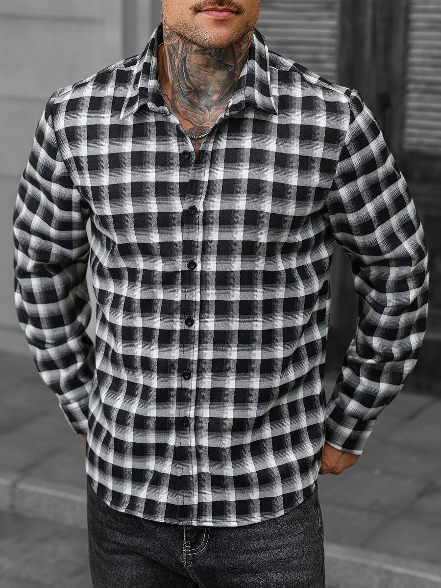 Manfinity CasualCool 男士格紋長袖單排扣休閒襯衫 - 黑色 - 查看 1