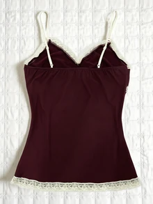 IslaSuriya Women's Lace Patchwork Casual Everyday Camisole Top - Burgundy - View 2
