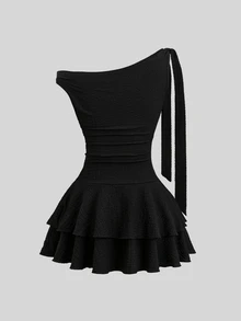 Sweetra Women's Black Asymmetrical Shoulder Tie Design Metal Flower Buckle Decor Ruched Waist Fitted Double Layer Ruffle Hem Dress - Black - View 2
