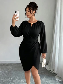 Elenzga Gaun Lengan Panjang Wanita Ukuran Plus dengan Hiasan Manik-Manik, Belahan Silang, dan Korset di Pinggang, Cocok untuk Pemakaian Sehari-hari dan Bepergian - Hitam - View 4
