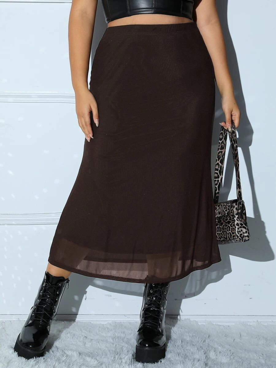 SHEIN EZwear 大尺碼女款純色高腰優雅棕色秋季裙 - 棕色 - 查看 1