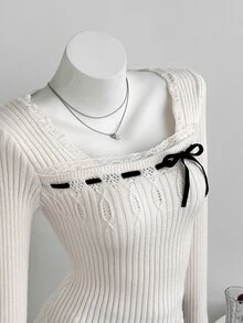 Elamini Women's Autumn/Winter Square Neck Lace Cable Knit Ribbed Texture Slim Fit Cute Bowknot Sweet Versatile Knit Sweater - Baby Pink - View 3