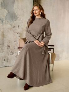 Roveilla Plus Size Autumn Long Sleeve Khaki Casual Lazy Vintage Top & Skirt 2 Pieces Set For Commute Fall - Brown - View 1