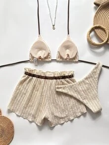 Swim Chiccia Women's Textured Halter Tie Sexy Bikini Two-Piece Swimsuit With Tie Shorts Set - Khaki - View 2