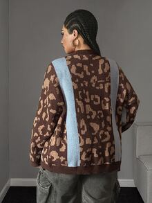Maweii Cardigan Rajut Lengan Panjang Kancing Tunggal Motif Leopard Blok Warna untuk Wanita Ukuran Plus - Biru - View 2