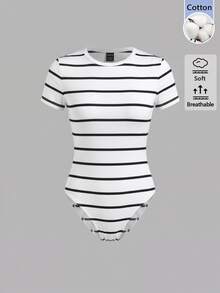 SHEIN BASICS 女款圓領條紋休閒日常短袖連身衣 - 黑與白 - 查看 6