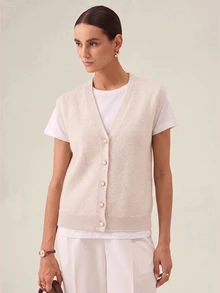 SHEIN Women's Sleeveless V-Neck Knit Vest, Beige With Pearl-Style Buttons, Soft Layering Cardigan For Workplace & Casual Daily Wear, Autumn/Winter - Beige - View 7