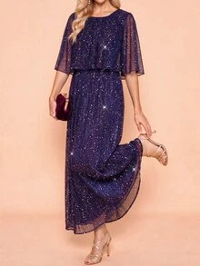 Amorya 女款亮片圓領優雅派對中長洋裝 - 紫色 - 查看 3