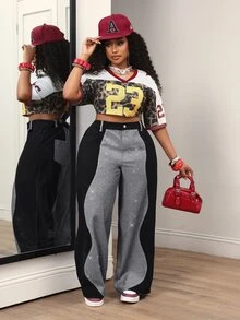 Slaydiva Celana Jeans Lebar dengan Kancing Saku dan Warna Kontras Ukuran Plus, Cocok untuk Liburan, Jalan-jalan, Musim Gugur, Kasual, dan Anti Sosial. - Hitam - View 5