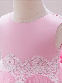 SHEIN Glamorique Kids 4 Seasons 嬰兒女童 1 歲生日派對禮服，V 背蕾絲拖尾生日長裙，粉色亮片背腰大蝴蝶結生日派對洋裝 - 粉色 - 查看 6