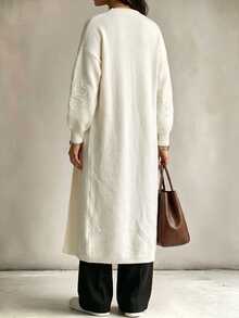 Linhara CURVE Plus Size Women's Autumn/Winter French Style Cream White Knitted Long Cardigan With 3D Rope Floral Embroidery, Lantern Sleeves, Casual Versatile Loose Fit Slimming Sweater Jacket, Suitable For Daily Commute, Dating And Other Occasions - White - View 4
