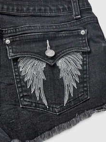ROMWE Vintage Y2K Low Waist Super Short Zipper Rivet Pocket Embroidered Women's Denim Shorts - Black - View 4