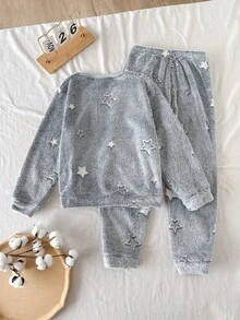 SHEIN 兒童青少年男孩星星圖案灰色毛絨布料居家休閒服 2件套 秋季 - 灰色 - 查看 4