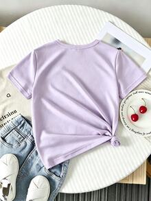 SHEIN (1 Pc) Baby Girls Casual Fresh Cute Minimalist Shiny Cherry Leaf Pattern Basic Purple Short T-Shirt Innerwear, Spring Summer Autumn Winter - Purple - View 2