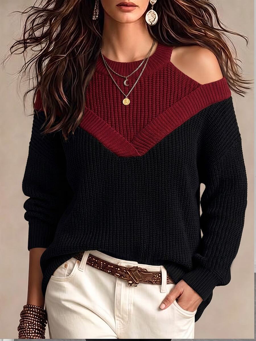 SHEIN Elenzya Women's Faux 2-Piece Cold Shoulder Colorblock Fashion Pullover Sweater - Black - View 1