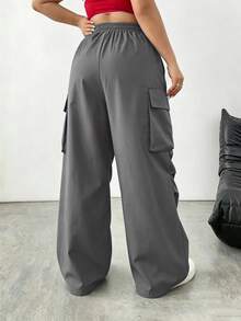 SHEIN Tall CURVE 大尺碼女款純色抽繩腰多功能休閒工裝褲 - 深灰色 - 查看 2