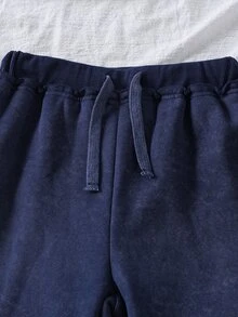 SHEIN 青少年女孩復古水洗印花連帽運動套裝，短版拉鍊連帽外套 + 喇叭褲，休閒兩件式套裝，適合春季、秋季、冬季 - 寶藍色 - 查看 7