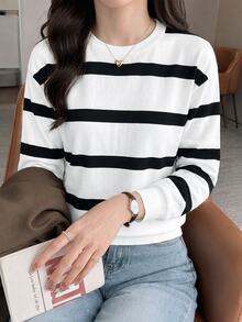SHEIN LUNE 女款條紋拼色休閒日常長袖運動衫 - 白色 - 查看 6