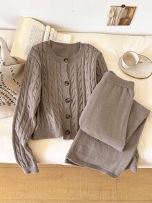 CosyJoli Women's Solid Color Long Sleeve Top And Pants Knit Two Pieces Set - Apricot - View 1