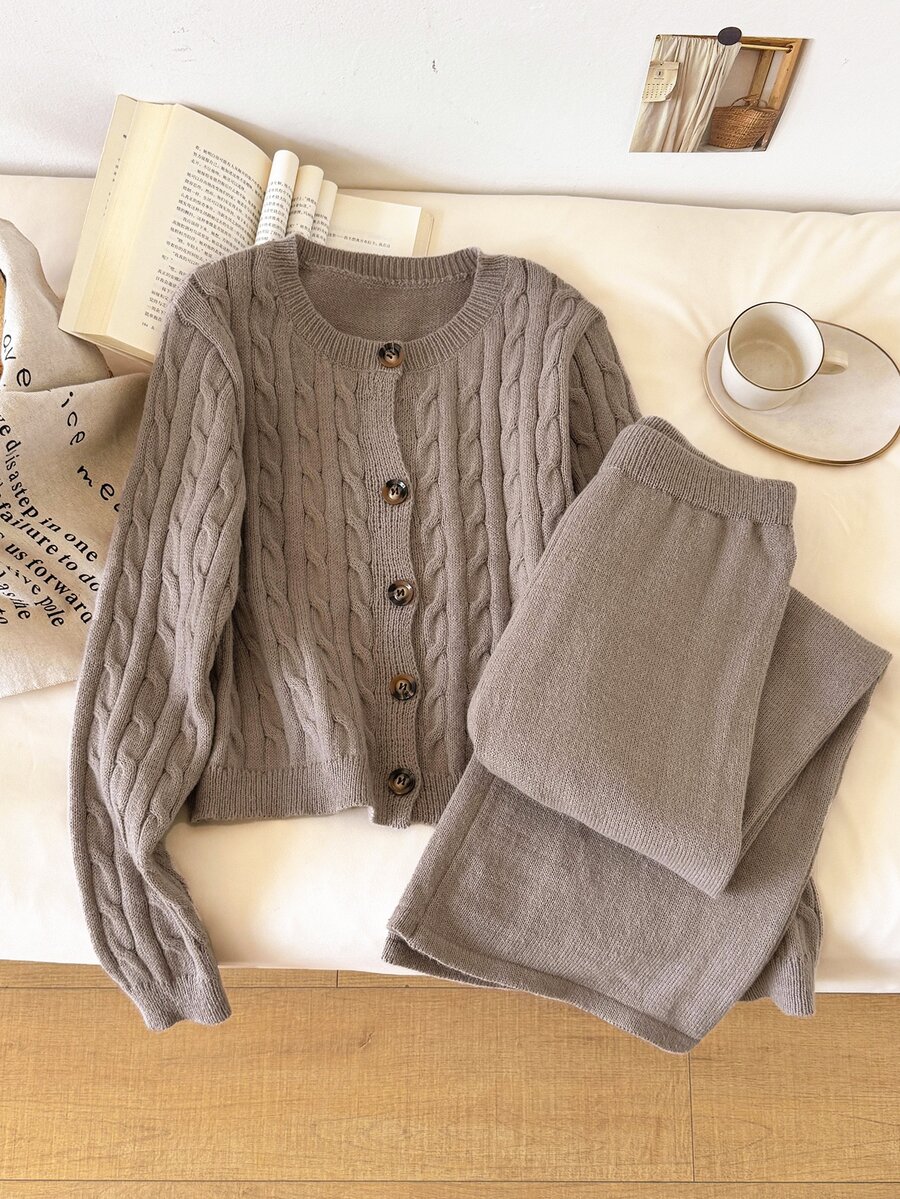 CosyJoli Women's Solid Color Long Sleeve Top And Pants Knit Two Pieces Set - Apricot - View 1