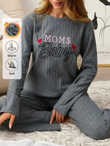 SHEIN 2pcs MOM'S Baby Slogan Embroidered Long Sleeve Pajama Set Soft Rib Knit Round Neck Top & Full Length Lounge Pants Pajama Set For Women Comfort - Grey - View 6