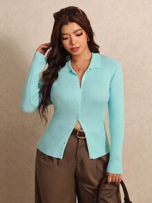 Elaquor Plus Size Women's Solid Color Long Sleeve Single-Breasted Casual Knit Cardigan - Mint Green - View 3