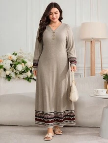 Al Najma Plus Size Women's Patchwork Geometric Print Long Sleeve Button Design Casual Arabian Dress - Light Grey - View 6