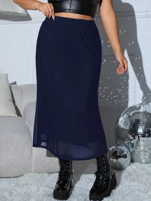 SHEIN EZwear تنورة زرقاء داكنة بمقاسات كبيرة للعطلات والسفر في فصل الخريف - أزرق بحري - مشاهدة 5