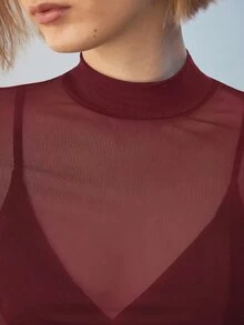 Maija 女款純色立領長袖網紗修身性感上衣 - 中紫紅色 - 查看 7