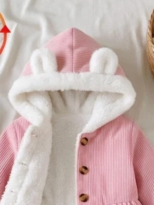 SHEIN 1件嬰兒幼童女童抓絨連帽外套，可愛甜美粉白配色，燈芯絨耳朵飾邊，鈕扣長袖加厚戶外冬季度假毛絨外套 - 珊瑚粉 - 查看 5