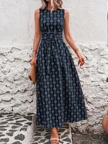 SHEIN Clasi 女款夏季度假刺繡腰繫帶口袋洋裝 - 藏蓝色 - 查看 4