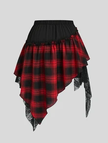 Sweetra Plus Size Autumn/Winter Vintage Plaid Patchwork Mesh Asymmetrical Hem Skirt - Multicolor - View 2