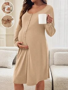 Slowluna Maternity Solid Color Nursing Dress - Khaki - View 5