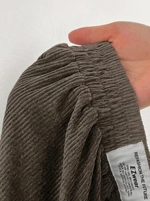 SHEIN EZwear Camel 大尺碼女款秋冬休閒校園室內工作穿搭卡其色燈芯絨布料附口袋拼接設計高腰寬鬆寬腿長褲 - 駝色 - 查看 3