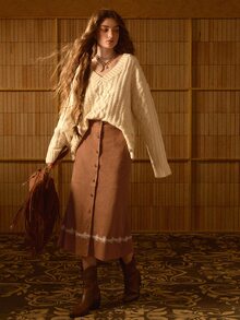 MOTF STUDIO WOMEN'S AUTUMN/WINTER VINTAGE BOHEMIAN SUEDE EMBROIDERED HEM LONG SKIRT - Rust Brown - View 5