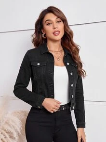 SHEIN LUNE 女款時尚百搭鈕扣長袖牛仔夾克 - 黑色 - 查看 3