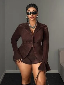 Maweii Sexy Slim Fit Waist-Cinching Top And High-Waist Drawstring Mini Shorts, Plus Size Brown 2 Pieces Set - Coffee Brown - View 4