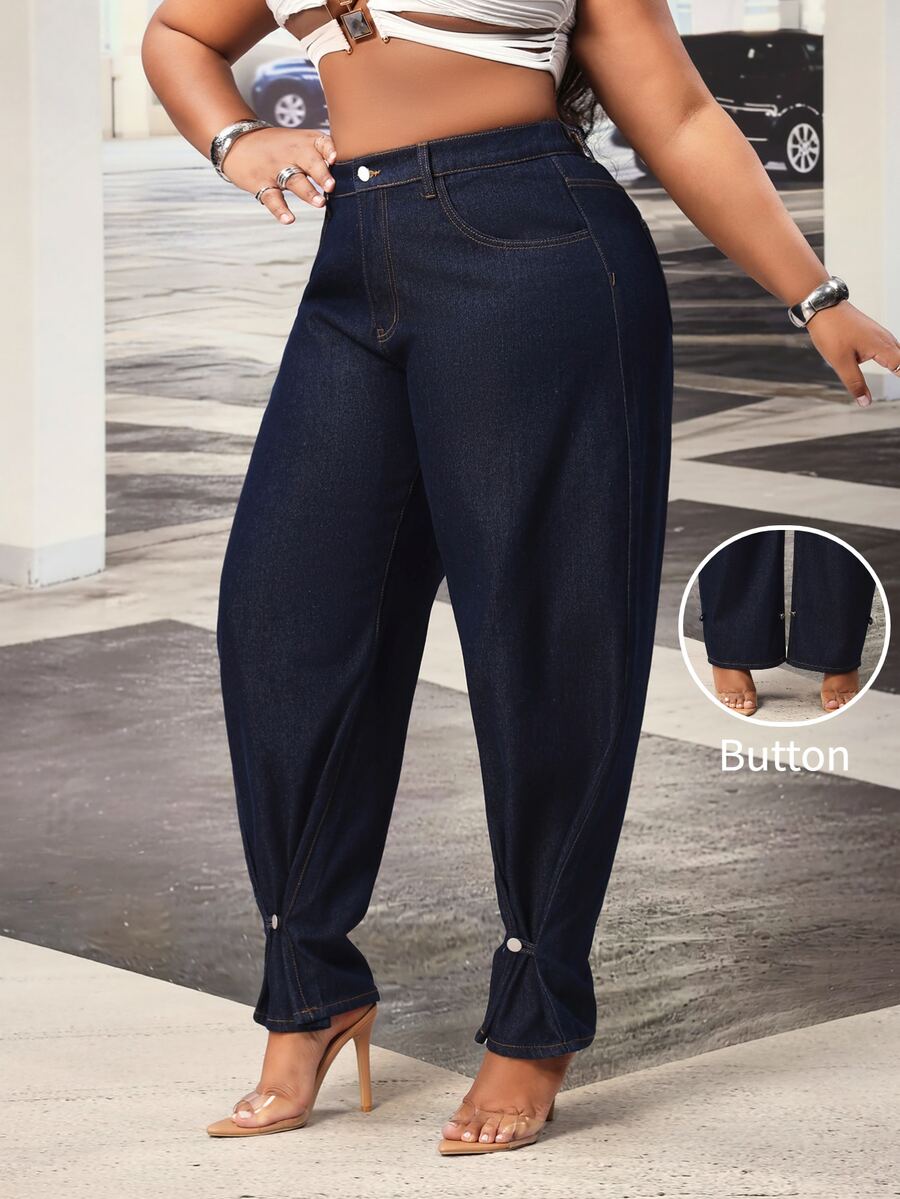 Slaydiva Celana Jeans Festival Plus Size Wanita Warna Biru Model Slim Fit Tanpa Peregangan dengan Potongan Kaki Pisang - Dark Wash - View 1