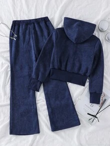 SHEIN 青少年女孩復古水洗印花連帽運動套裝，短版拉鍊連帽外套 + 喇叭褲，休閒兩件式套裝，適合春季、秋季、冬季 - 寶藍色 - 查看 2