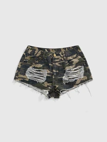 ROMWE Y2K Shorts vaqueros mini de cintura baja asimétricos y desgastados para mujer, atuendo de concierto - Verde militar - Ver 1
