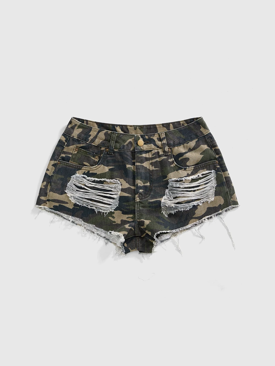 ROMWE Y2K Shorts vaqueros mini de cintura baja asimétricos y desgastados para mujer, atuendo de concierto - Verde militar - Ver 1