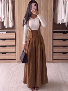 Celisse Women's Solid Color Pleated Casual Daily Wear Overalls Long Pants - Coffee Brown - View 1