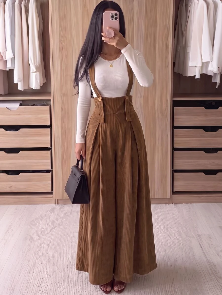 Celisse Women's Solid Color Pleated Casual Daily Wear Overalls Long Pants - Coffee Brown - View 1