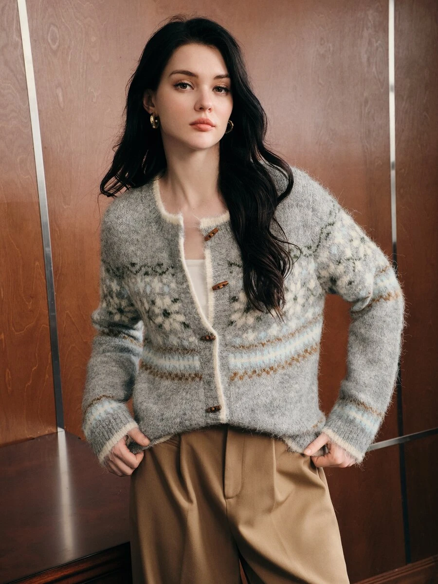 Anewsta Cardigan Rajut Jacquard Abu-abu Longgar dan Nyaman untuk Wanita, Cocok untuk Musim Dingin - Grey - View 1
