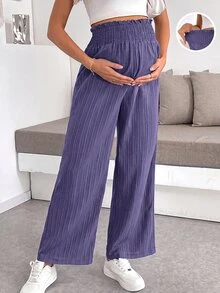 SHEIN 孕婦休閒彈性腰紋理長褲，適合日常穿著 - 紫色 - 查看 1