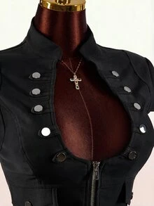 Amplova Women's U-Neck Sexy Avant-Garde Button Detail Set, Suitable For Daily Wear, Distressed Style Halloween Night Out Going Out Club Black Summer - Black - View 6