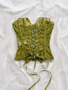 Soleia Plus Size Green Lace Bustier Top For Vacation - Green - View 2