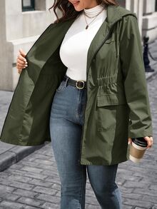 EMERY ROSE Plus Size Women's Long Sleeve Zipper Front Casual Drawstring Hooded Jacket Fall - Army Green - View 7