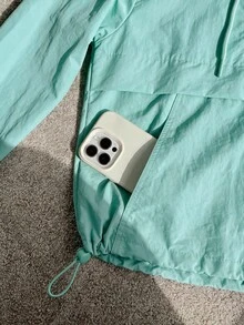 Comfortcana 素色前開襟拉鍊長袖休閒連帽防曬輕量外套，秋冬款 - 水鴨藍 - 查看 4