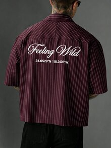 SLATEMANN Men's Letter Striped Short Sleeve Single-Breasted Casual Shirt - Burgundy - View 4